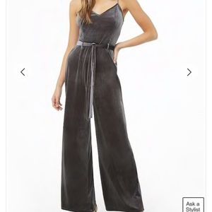 Forever 21 Green Velvet Belted Palazzo Jumpsuit